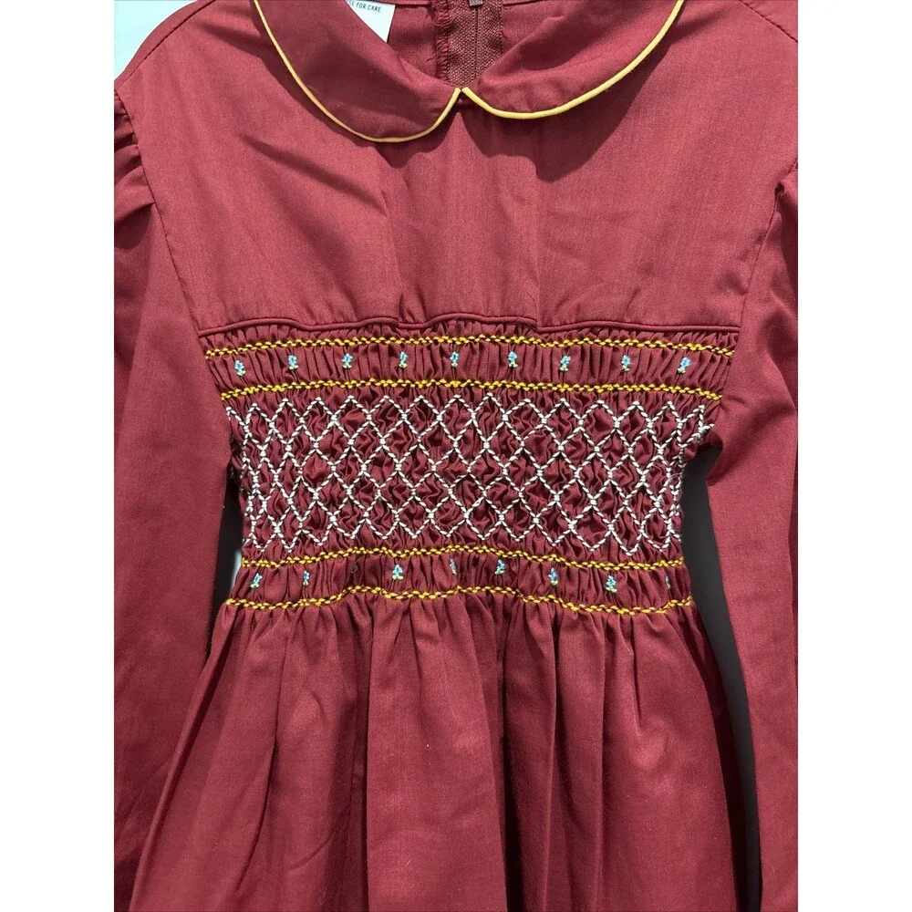 VINTAGE GIRL'S RED SMOCKED LONG SLEEVE DRESS - POLLY FLINDERS - SIZE 8